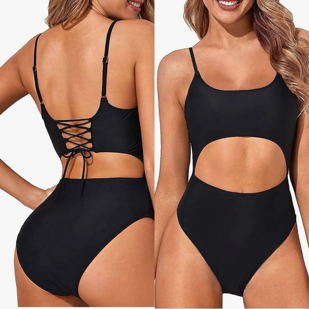 NWT Scoop Neck Cut Out Front Lace Up Back High Cut Monokini One Piece Swimsuit L